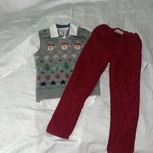H&M Boys Christmas Matching Set White Shirt Vest Corduroy Pants Red US 4-5